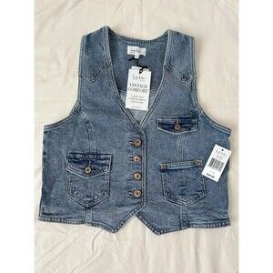 NWT Nicole Miller Medium Blue Denim Vintage Comfort Button Down Vest SZ S